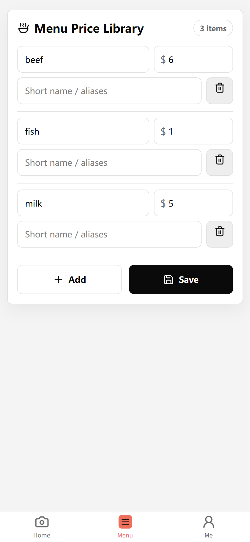 AiMenu English price library screen